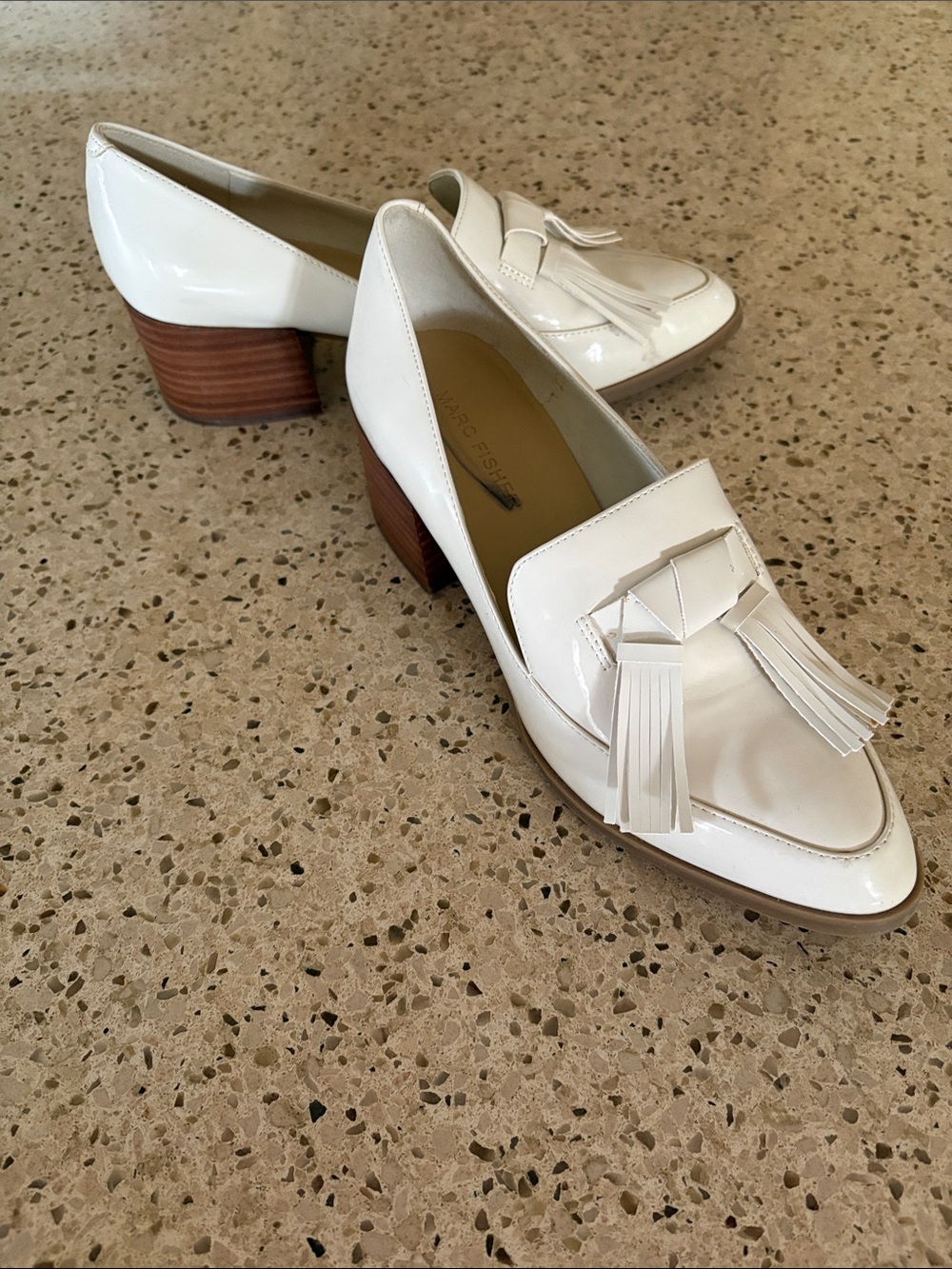 Women’s Cream Patent Leather Tassel Block Heel Loafers
